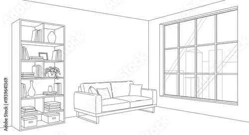 Minimalist Living Room with Large Window and Shelves.