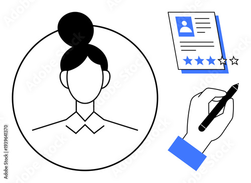 Female profile illustration, rating form with stars, and hand with pen adding feedback. Ideal for recruitment, hiring, talent review, employee assessment, career growth, HR management simple flat