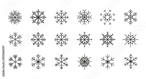 Set of Various Snowflake Designs for Winter Themes.