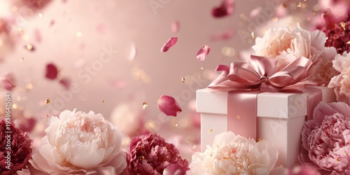Elegant holiday or birthday concept: wrapped gift with pink bow, peonies, petals, and confetti for marketing visuals
