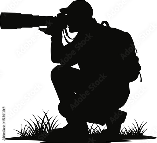 Silhouette of a man with a backpack and a spotting scope outdoors in the grass