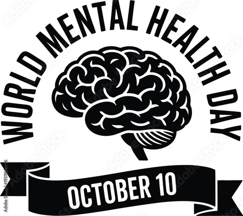 World Mental Health Day October 10 awareness campaign logo with brain illustration and banner