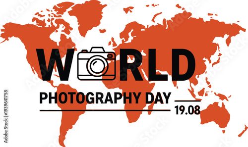 World photography day celebration with camera and map on white background  global event