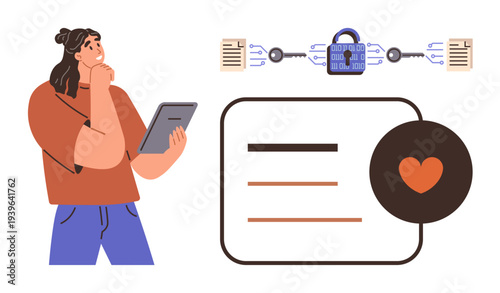 Data encryption, cybersecurity, secure communication, personal data privacy, technology concepts, encryption mechanisms. Woman with tablet, encrypted files secure connection. Data encryption