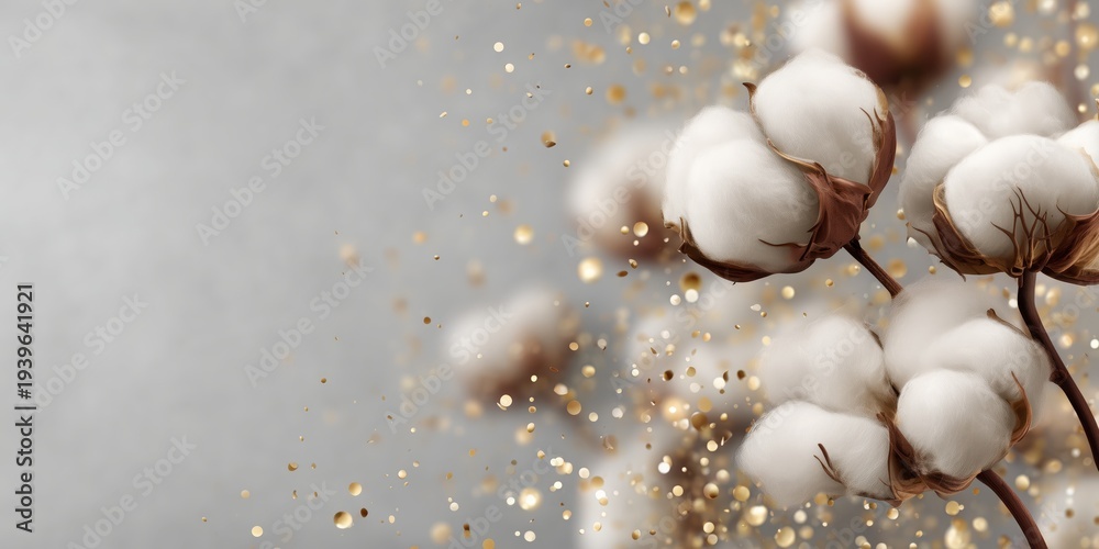 Obraz premium Soft cotton bolls on branch with golden confetti, elegant minimal background for eco, fashion, or holiday design
