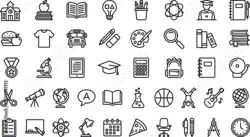 School icons, education symbols, learning tools, classroom items, student life, academic subjects, STEM, creativity, books, science, art, technology, food