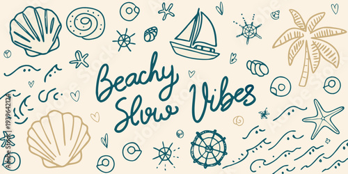 Hand drawn beach themed doodles with calligraphy and summer elements