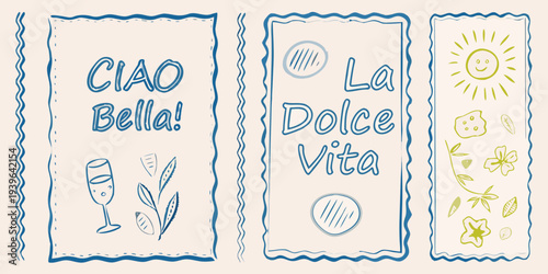 Italian phrases and illustrations on rectangular pastel colored backgrounds