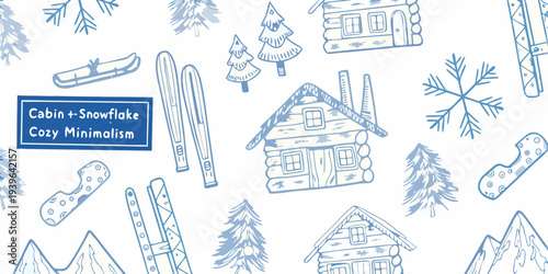 Winter wonderland pattern with cabins skis and snowflake motifs