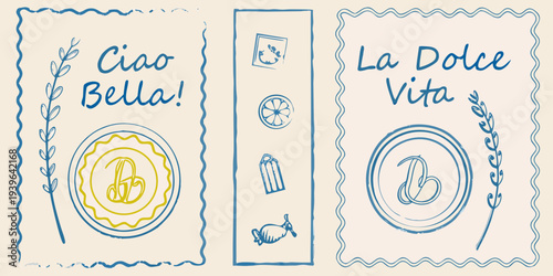 Italian themed postcard design with hand drawn illustrations and text