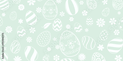 Soft mint green background with white Easter eggs and flowers in various patterns.