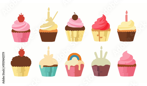 Cute cartoon cupcakes flat color icon set with birthday party dessert cakes vector illustration