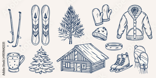 Vintage winter scene featuring skis skates and a cozy cabin illustration