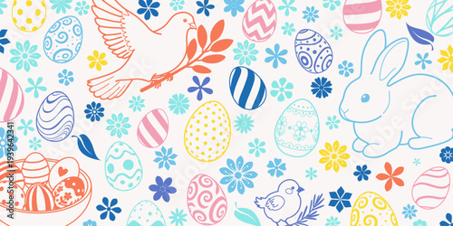 Pastel-colored Easter background with eggs, bunny, bird, flowers, and leaves in shades of pink, blue, yellow, and orange on a white background.
