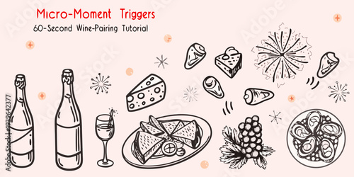 Illustrative wine pairing guide with sketches of food and beverages