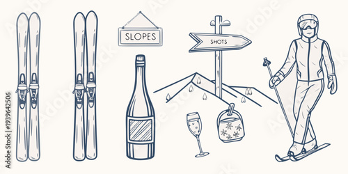 Skiing vacation elements skis champagne signage and a skier