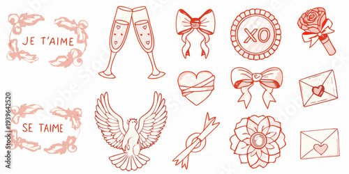 Romantic hand drawn elements including hearts doves and champagne flutes