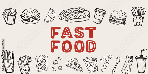 A collection of hand drawn fast food items and the word fast food