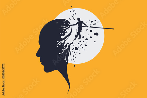Tightrope Walker Balancing in Head Silhouette: Mind Balance, Trauma Freedom, Growth Progress