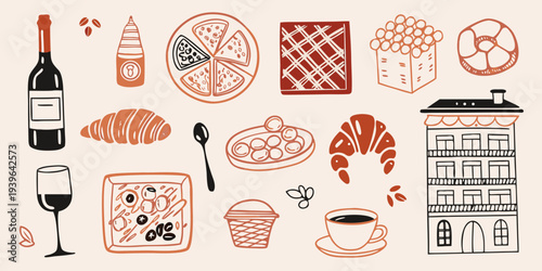 A colorful illustration depicting various food items buildings and beverages