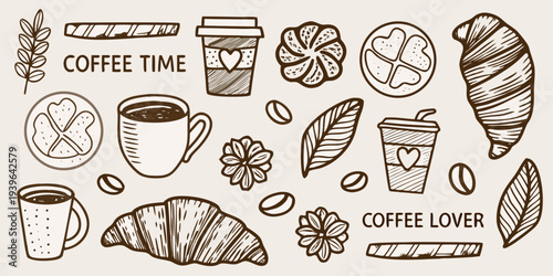A charming collection of hand drawn coffee pastries and related elements