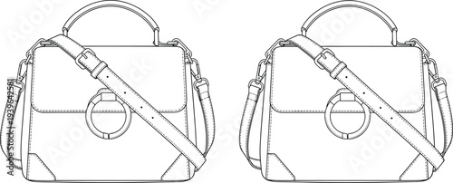 Women's fashion satchel handbag technical flat sketch, leather crossbody bag vector illustration, accessories CAD drawing with strap and ring detail