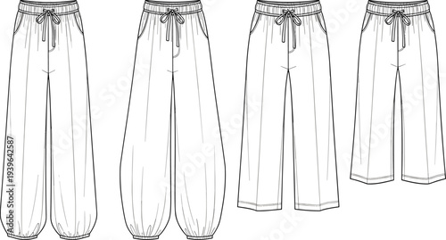 Women's drawstring pants technical flat sketch set, jogger and wide leg trousers vector illustration, apparel CAD drawing, fashion design template