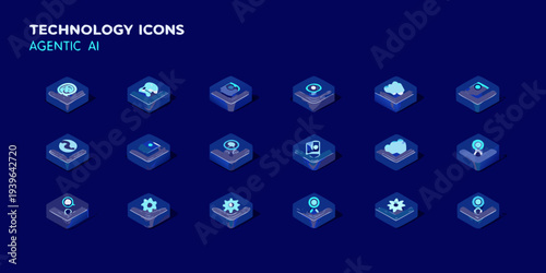 Isometric technology icons representing artificial intelligence and digital concepts