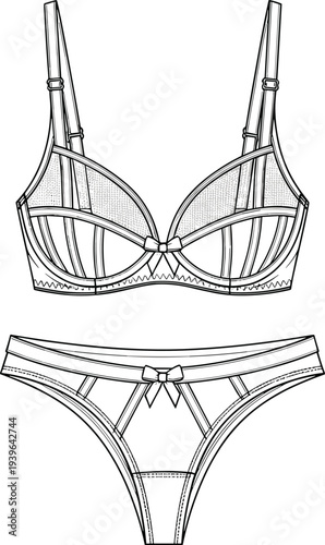 CAD drawing flat vector illustration of a mesh panel underwire bra and matching thong panty set with bow detail accents