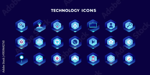 A collection of vibrant blue technology icons on a dark background