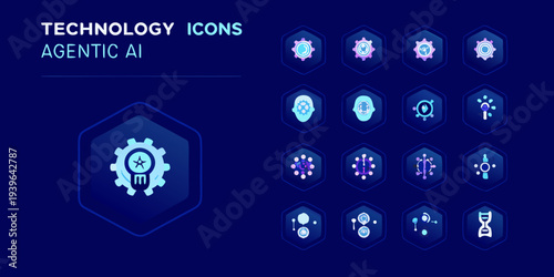 Technology icons and agentic ai concepts on a dark blue background