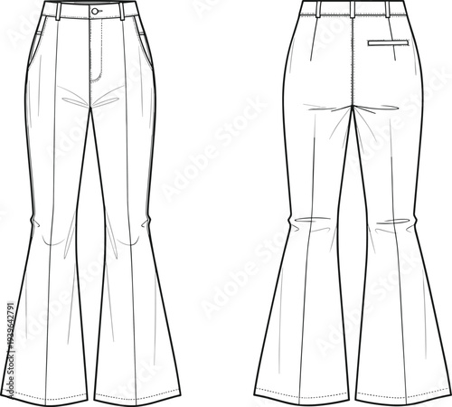 High Waisted Flared Trousers Technical Flat Sketch Front and Back View Fashion Design Template CAD Drawing Flat Vector Illustration for Apparel Development