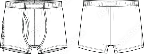 White mens boxer briefs underwear technical sketch front and back view, cad drawing flat vector illustration for fashion design template.