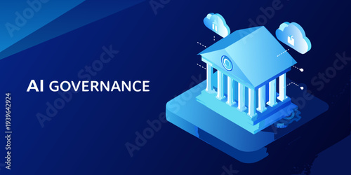Ai governance concept with a building structure and cloud connections