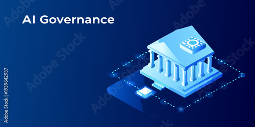 Ai governance concept with a digital building and network connections