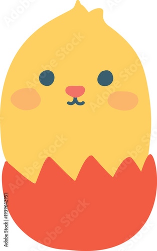 Cute flat vector illustration of a baby chick sitting in a cracked eggshell with a simple pastel cartoon style.