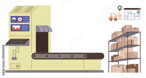 Warehouse logistics, automated systems, distribution, freight management, supply chain, inventory. Conveyor belt machine transporting goods. Warehouse logistics and automated systems concept