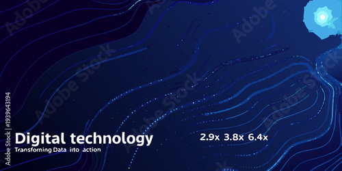 Abstract blue digital network with glowing particles and text overlay