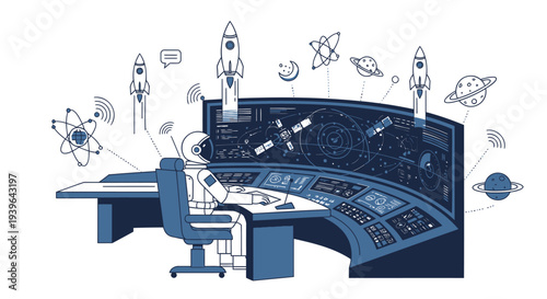Vector illustration of space mission control room with desk, chair, and spacecraft