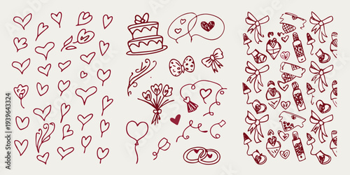 Hand drawn collection of romantic doodles hearts cakes and gifts
