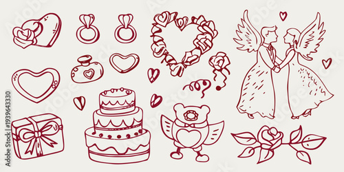 Hand drawn romantic illustrations featuring hearts gifts and wedding symbols