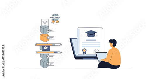 Vector illustration of man sitting with laptop and online education icons