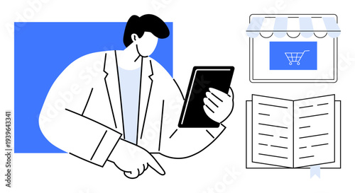 E-commerce, digital marketing, data analysis, business solutions, online education, remote work. A person using a tablet, a storefront and an open document. E-commerce and digital marketing concept