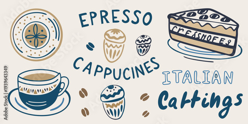 A colorful illustration showcasing various italian coffee drinks and pastries