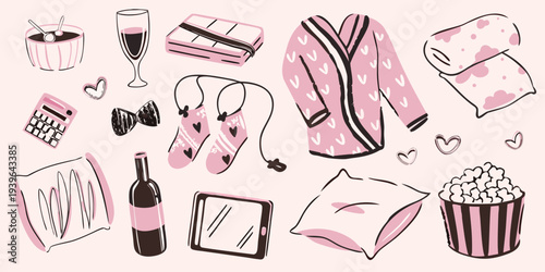 A collection of illustrated self care and relaxation items in pink tones