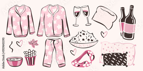 Galentine s night in pajamas wine popcorn and cozy comforts illustrated