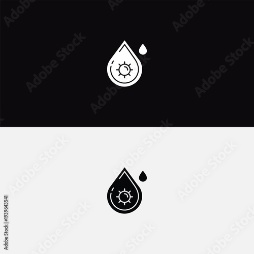 A monochrome outline droplet icon features an internal gear symbol, accompanied by a smaller secondary droplet, rendered in clean white and black.