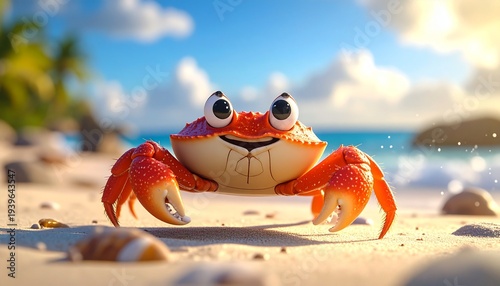 Cartoon Crab on a Sunny Beach - A Cheerful Scene.
