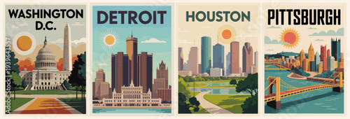 Set of four vintage-style travel posters featuring Washington DC, Detroit, Houston, and Pittsburgh skylines. Retro vector illustration with mid-century colors, bold shapes, and classic tourism poster 
