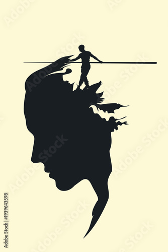 Tightrope Walker Balancing in Head Silhouette: Mind Balance, Trauma Freedom, Growth Progress